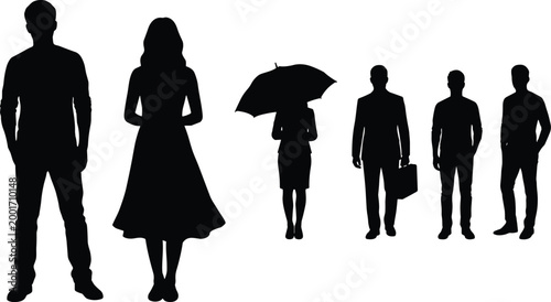 Collection of diverse people silhouettes including business men woman with umbrella and casual figures isolated on white background