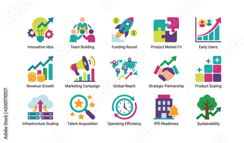 Business and growth icons showing startup stages in grid
