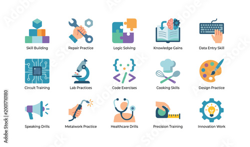 Skill icons representing various training activities in grid