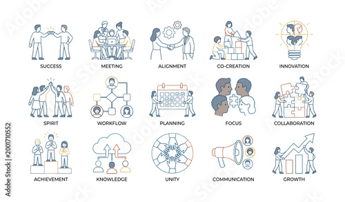 Line art collaboration icons arranged in grid on white background