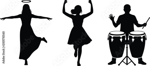 Dancing women and percussion musician silhouettes set with expressive poses and drum performance isolated on white background