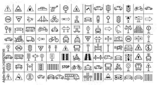 Collection of various traffic and road signs icons.