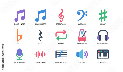 Music and audio icons showing notes and equipment on white background