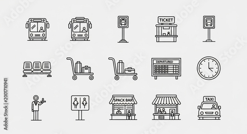 Collection of transportation and travel icons in a sketch style.