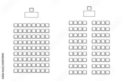 Conference or classroom seating plan line icon, top view layout with table and chairs, interior planning and auditorium organization design