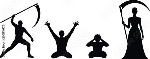 Grim reaper and people silhouettes set with scythe poses fear and emotion isolated on white background