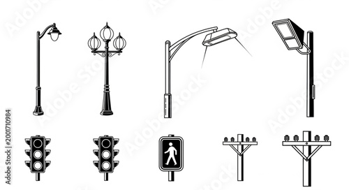 Collection of Streetlights and Traffic Signals Icons.