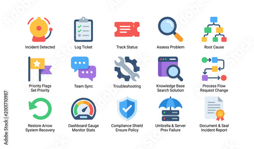 Grid of incident management icons with labels on white background