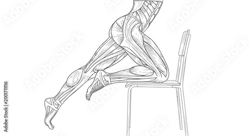 Anatomical illustration of leg and hip muscles kneeling on chair