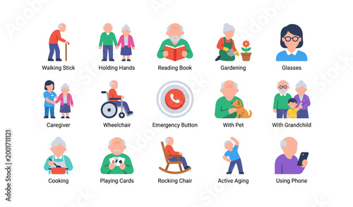 Senior care icons showing activities and assistance on white