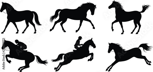 Horse silhouettes collection with running jumping and equestrian rider poses isolated on white background for design use