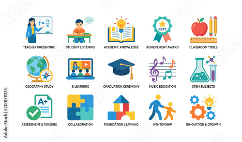 Education icons depicting classroom activities and learning topics