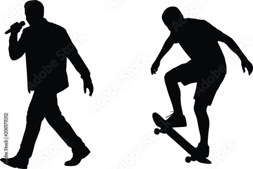 Male silhouettes set with singer holding microphone and skateboarder performing trick isolated on white background