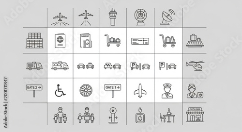 Collection of Transportation and Travel Icons.