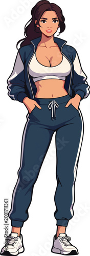 Donna in piedi con abbigliamento casual tuta, illustrazione vettoriale