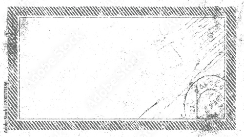 Distressed grey rectangular frame with diagonal stripes and postage stamp imprint rectangle border