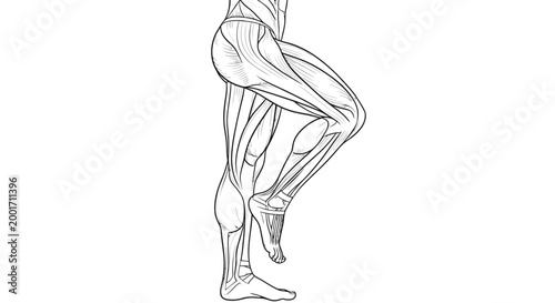 Anatomical line drawing of human leg and hip muscles