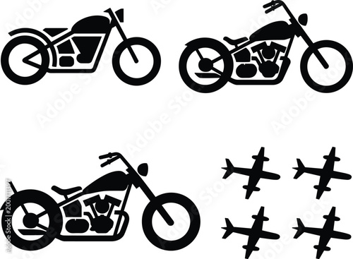 Motorcycle and airplane silhouettes set, custom chopper bikes and aircraft shapes isolated on light background design resource