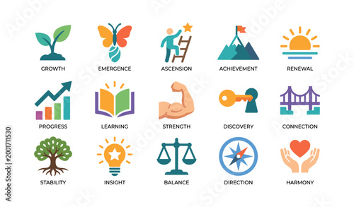 Growth and development icons showing progress and achievement