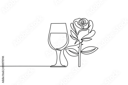 Rose flower single line art with wine glass minimalist vector design white background