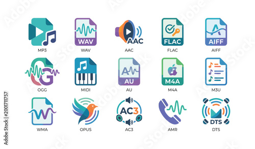 Audio format and codec icons displayed in grid on white background