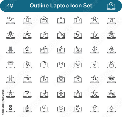 Set of outline icons with laptop and work symbols, modern line style collection, business and tech signs, simple UI elements, web and app design, clean monochrome illustration on light background.