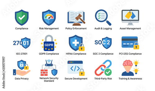 Set of compliance and security icons arranged in grid layout