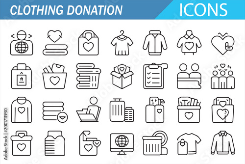 Charity Clothing Box and Apparel Outline Icon Collection