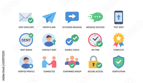 Communication and sent status icons on white interface background