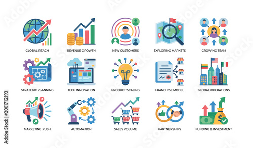 Business growth and operations icons illustrating strategy on white