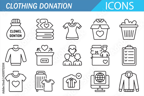Clothing Donation Icons Set with Charity Clothes Line Art