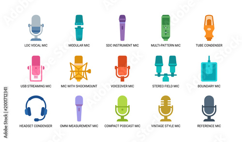 Microphone and audio accessory icons arranged on white grid