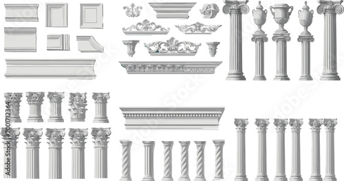 Comprehensive collection of classic grey architectural elements including stone columns ornate moldings decorative capitals and pedestal vases isolated on white background for construction design