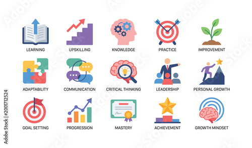 Learning icons depicting skill growth on white background