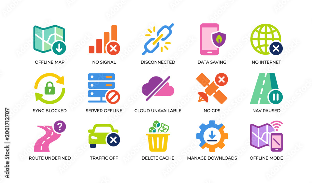 Fototapeta premium Offline and connectivity icons arranged in a grid layout