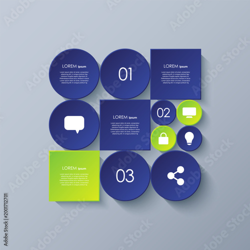 Minimalistic modern infographic design. Geometric data template featuring round and square block elements.