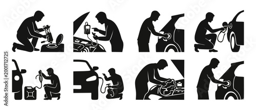 Car Repair and Maintenance Icons Set - Automotive Mechanic Service Symbols, Fueling, Engine Diagnostics, and Oil Change Vectors for Workshop Manuals, Instructional Graphics, and Garage Business Brandi