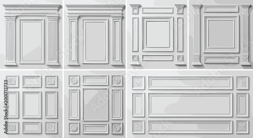 Set of classic architectural wall panels with decorative molding gypsum plaster frames and fluted columns in baroque style for interior design and home renovation