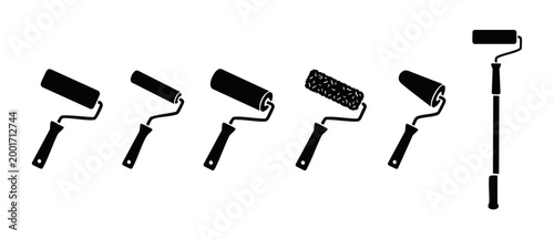 Paint Roller Set Vector Icons, Collection of Wall Painting Tools for Renovation and Construction Projects, Minimalist Black Silhouettes on White Background for Professional Decorating and DIY Home Rep