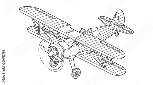 Detailed line drawing of a vintage biplane aircraft, viewed from an isometric perspective.