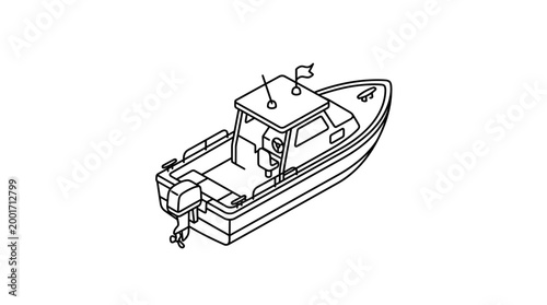 Line drawing of a small motorboat with a cabin and an outboard engine, viewed from an elevated angle.