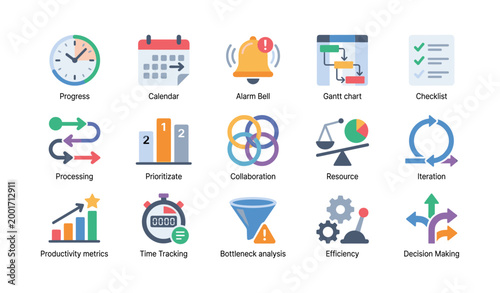 Productivity icons showing project management concepts on white