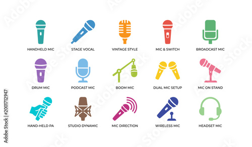 Microphone and audio mic icons arranged in grid on white background