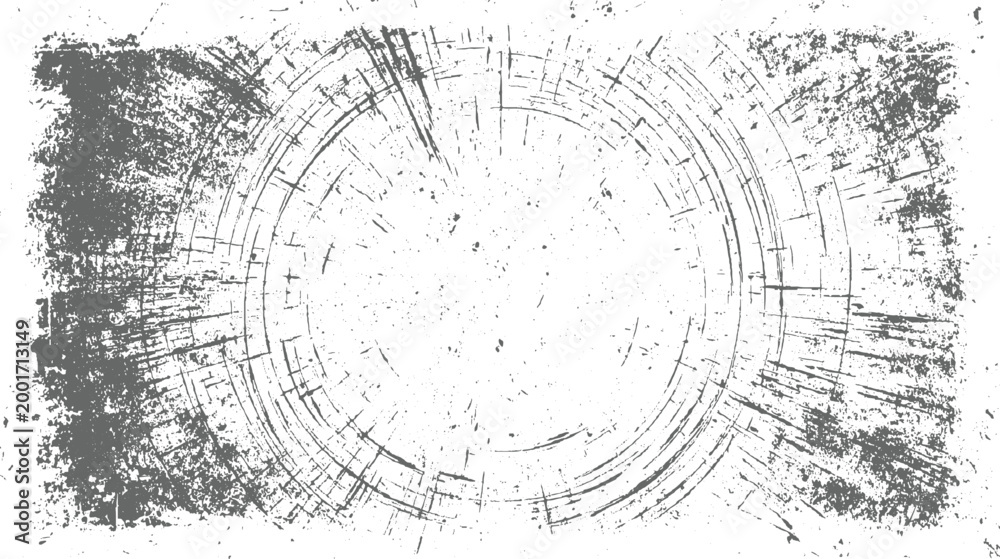 Obraz premium Grey distressed circular radial lines and speckle texture on white background
