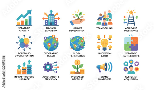 Flat icons illustrating growth and expansion on white background