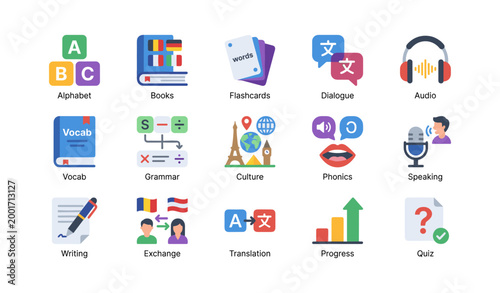 Language learning icons set showing skills and course modules