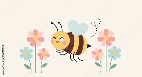 Cute cartoon bee flying among colorful flowers vector illustration simple design