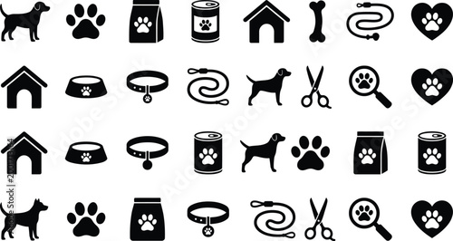 Black silhouette icons representing pet care and animal related items