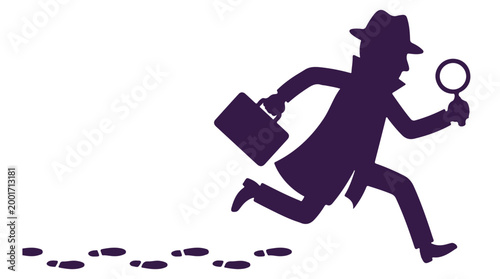 A silhouette of a detective in a hat and trench coat holding a magnifying glass and briefcase while running, leaving footprints behind.