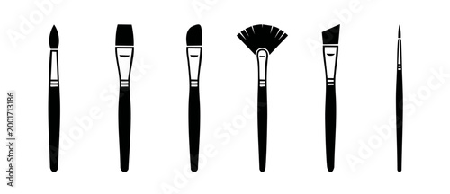 Paint brush set icons, artist tools collection for painting and drawing design, various artistic brush shapes isolated on white background, black silhouette graphic illustration for art education.
